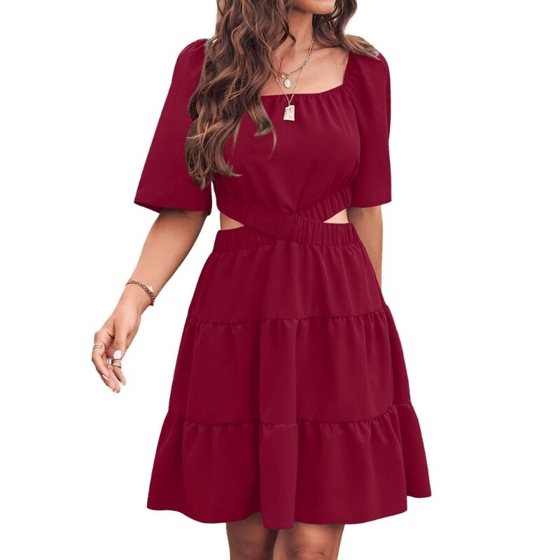 Damska elastyczna talia Mini-line rozkloszowana casualowa sukienka warstwowa wycinana sukienka N7YD