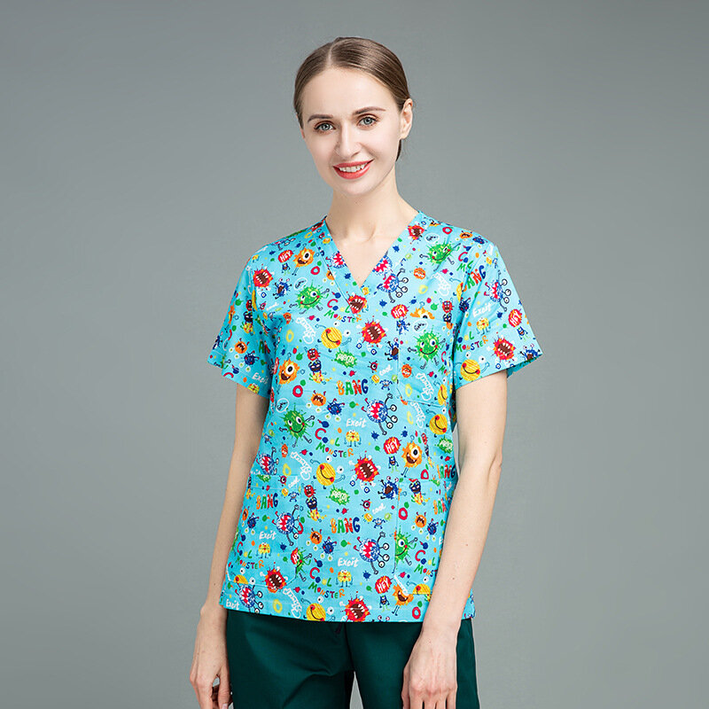 Printing Short sleeve Doctor surgical Tops oral beauty salon work Uniform Cotton V-neck scrubs tops Blouse Nursing Accessories