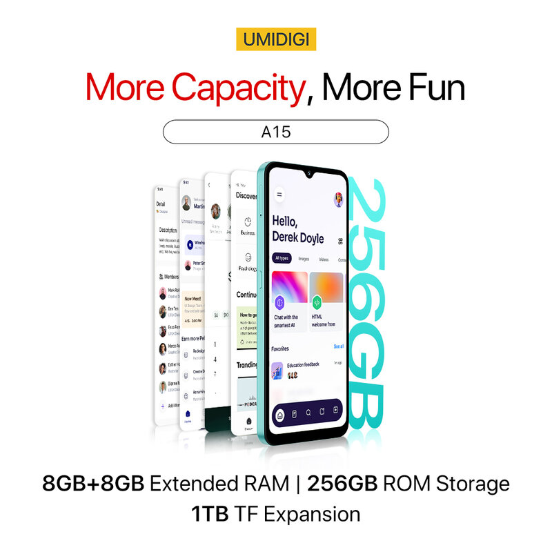 UMIDIGI-A15 Smartphone, 8GB + 256GB, 6.7 "HD + Display, Bateria 5000mAh, Carregamento Rápido 20W, Unisoc T606, 4G, 64MP, NFC, Android, Celular