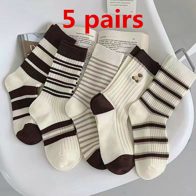 5 Paare Frauen Cartoon Tier Haufen Haufen Socken Herbst Winter verdicken Bär schwarz weiß Streifen Cartoon Mode niedlichen Socken EU35-40