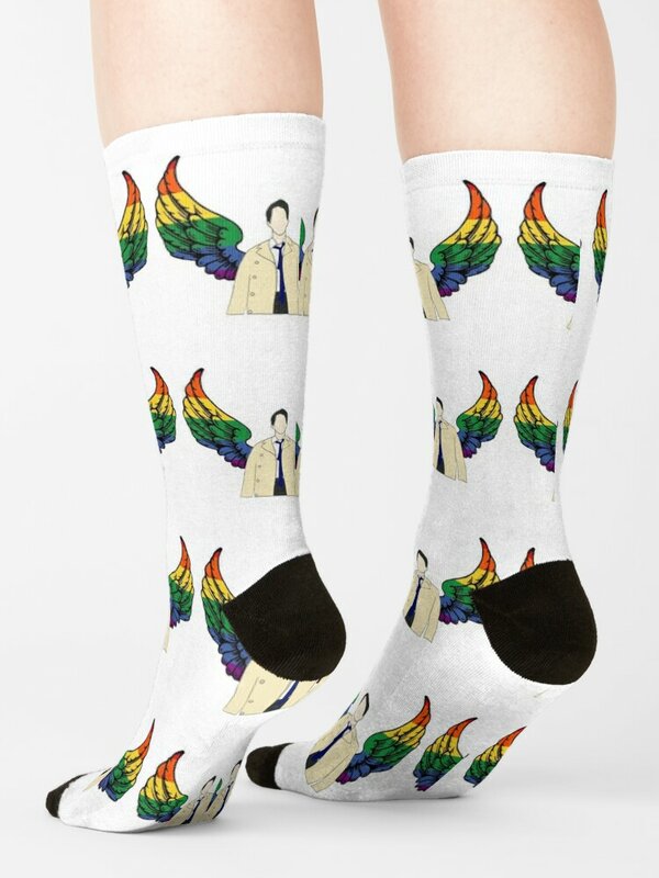 Castiel drawing with rainbow wings Socks Toe sports socks funny gift christmas gifts anime socks Socks For Girls Men's