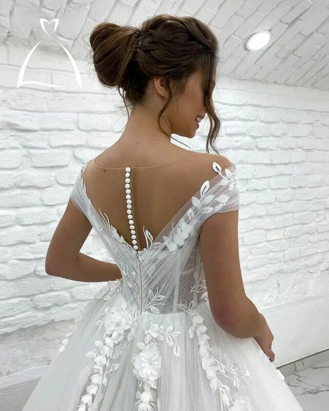 Haohao-Vestidos De Noiva Princesa para Senhoras, Fora Do Ombro, 3D Lace Applique, Vestidos De Noiva Boho Sem Mangas, Casamento Personalizado