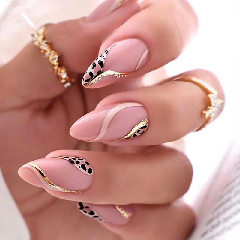 Поддельные ногти в форме миндаля, нажимайте на короткие многоразовые искусственные французские искусственные розовые кавайные накладные ногти, накладные ногти, искусство накладных ногтей