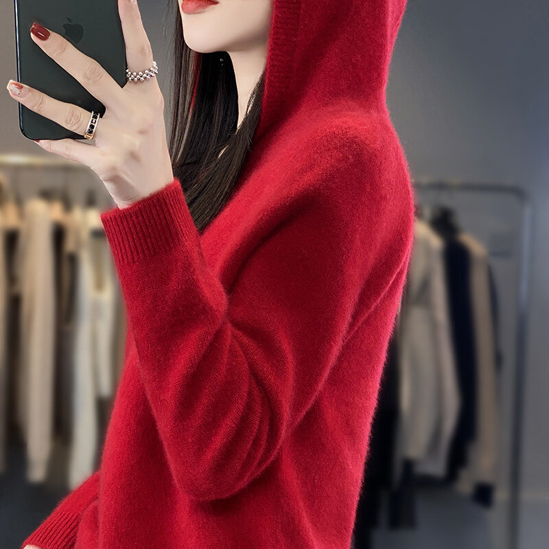 Pullover con cappuccio senza cuciture per donna autunno inverno nuovo lavorato a maglia vestibilità ampia con cappuccio scollo a v capispalla di fascia alta moda edizione coreana