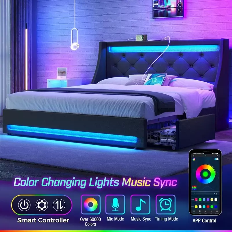 Twin bed frame with LED lights and charging station, upholstered bed with drawers, wooden planks, noiseless and easy to assemble