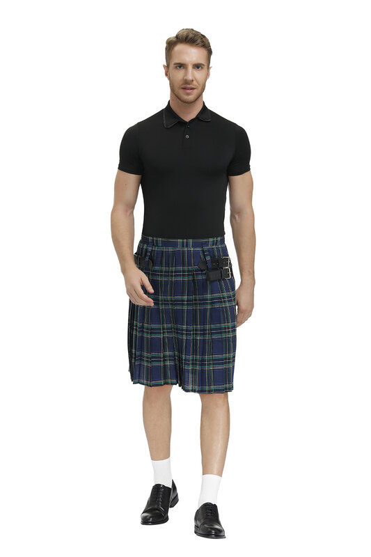 Falda escocesa de tartán para hombre, falda tradicional plisada a cuadros con cadena Bilateral