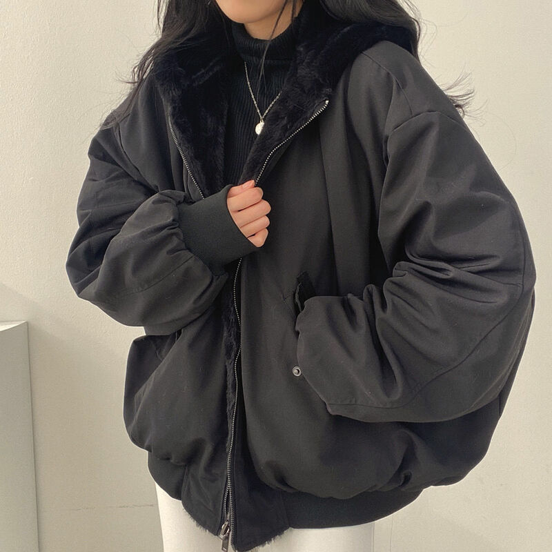 Jaket bertudung untuk wanita, jaket parka tebal kasual gaya Korea nyaman lapisan ganda hangat polos musim dingin 2023