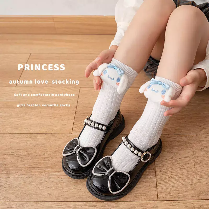 Anime SANRIO Kuromi My Melody Cinnamoroll ถุงเท้าสำหรับเด็กผู้หญิงการ์ตูนน่ารักสไตล์เกาหลีกลางท่อถุงเท้านักเรียนทันสมัย