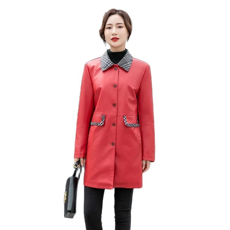 女性のための合成皮革のミドル丈ウインドブレーカー,一緒に着用するエレガントなロングジャケット,韓国版のスリムなレザーコート