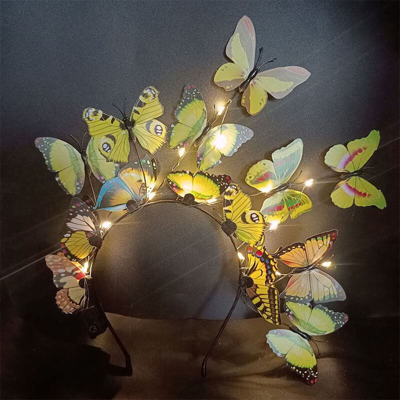 Diadema de mariposa con luz LED brillante, banda Bohemia para el pelo, aros coloridos, tocado para fiesta, boda, navidad