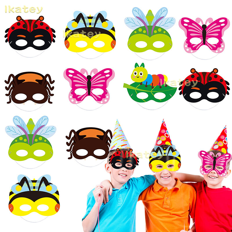 Mascarillas elásticas de papel para niños, máscara de papel con diseño de insecto, mariquita, abeja, mariposa, suministros de fiesta, Kit de utilería para fotomatón, 30 piezas