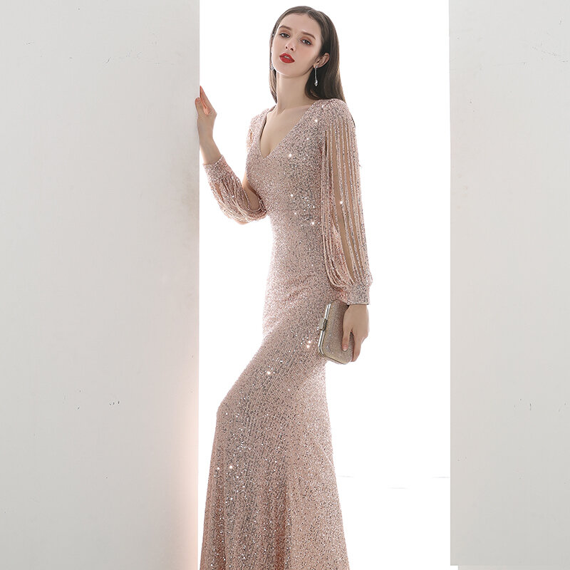 Vestido de cóctel ligero de gama alta, falda de cola de pez de lujo, Color champán, temperamento, cuello en V, brillo, nuevo, 2024