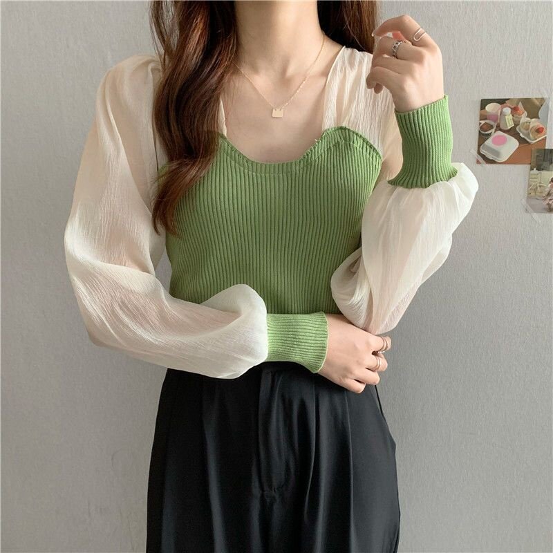 Spring and Autumn ladies French knitted top chiffon long sleeve square collar