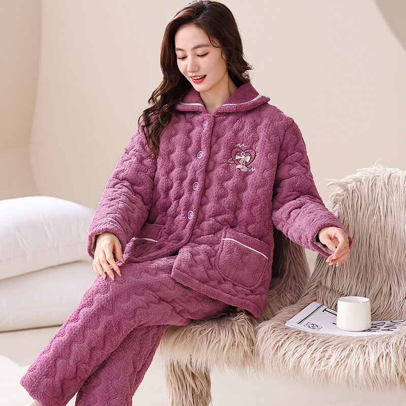 女性用3層クリップコットンパジャマセット、暖かい家庭服、冬、大きいサイズM-3XL