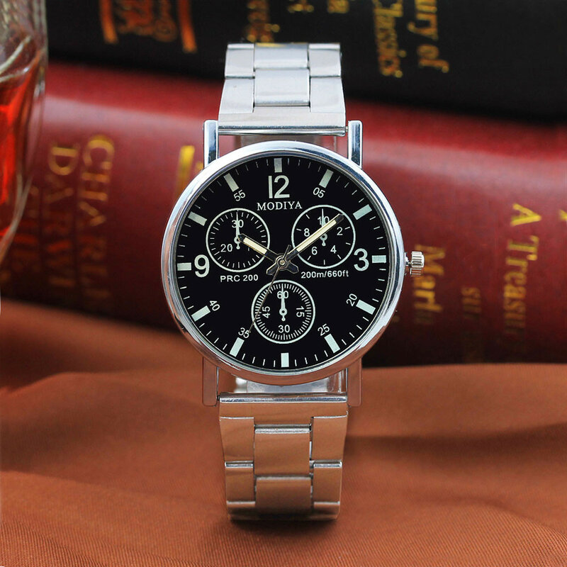Jam tangan untuk pria modis jam tangan baja wajah hitam tanpa kaca bercahaya biru jam tangan kaca baja mie hitam Fesyen