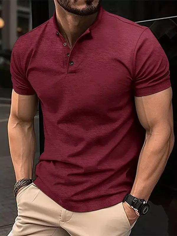 Solid Stand Collar Short Sleeve Men's Shirts Fashion Handsome Business Shirt Men Clothing Summer Casual Button Fit Gym Male