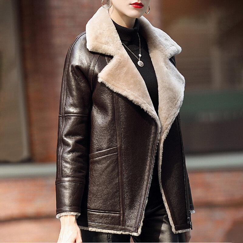 Chaqueta de piel de oveja para mujer, abrigo grueso con bolsillo y cálido, abrigo de cuero liso con cremallera, forro de piel, MH3891L, 2022