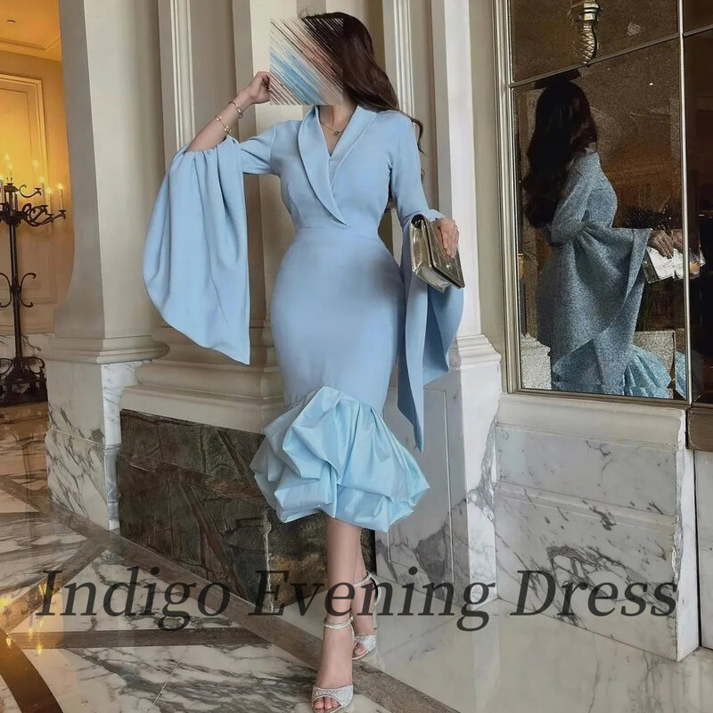Indigo Light Blue Evening Dresses V Neck Mermaid Flare Sleeve Knee-Length Women Formal Patry Elegant Dress 2024 فساتين الحفلات
