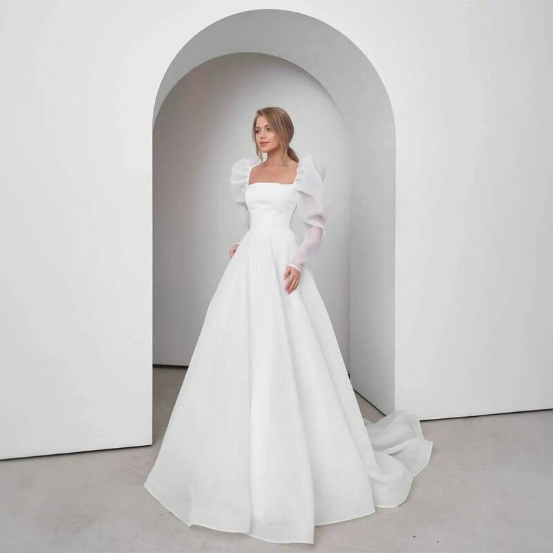 Classic Chiffon Square Collar Wedding Dress A-line Court with Long Sleeve Wedding Gowns for Bridal robe de mariée