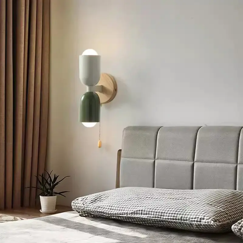 Nórdico LED lâmpada de parede de madeira, macaroon, multi-elemento, quarto de cabeceira, sala de estar, quarto de criança