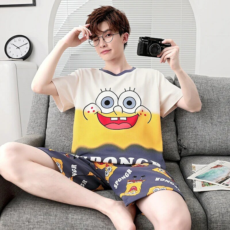 2024 Zomer Heren Pyjama Sets Gebreide Katoenen Cartoon Short Losse Pijama 'S Voor Slaapmode Heren Nachtkleding Studenten Homewear