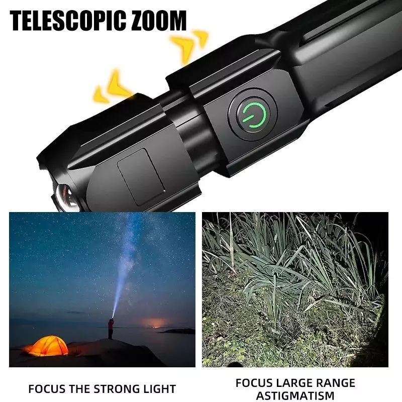 Lanterna Zoom recarregável impermeável de longo alcance, luz durável do agregado familiar, luz forte do campo, pequena lanterna portátil