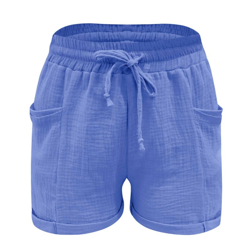 Letni szorty damskie jednolity color casualowe wysokie do talii elastyczne szorty spodnie plażowe luźne wygodne spodenki sportowe kieszonkowe