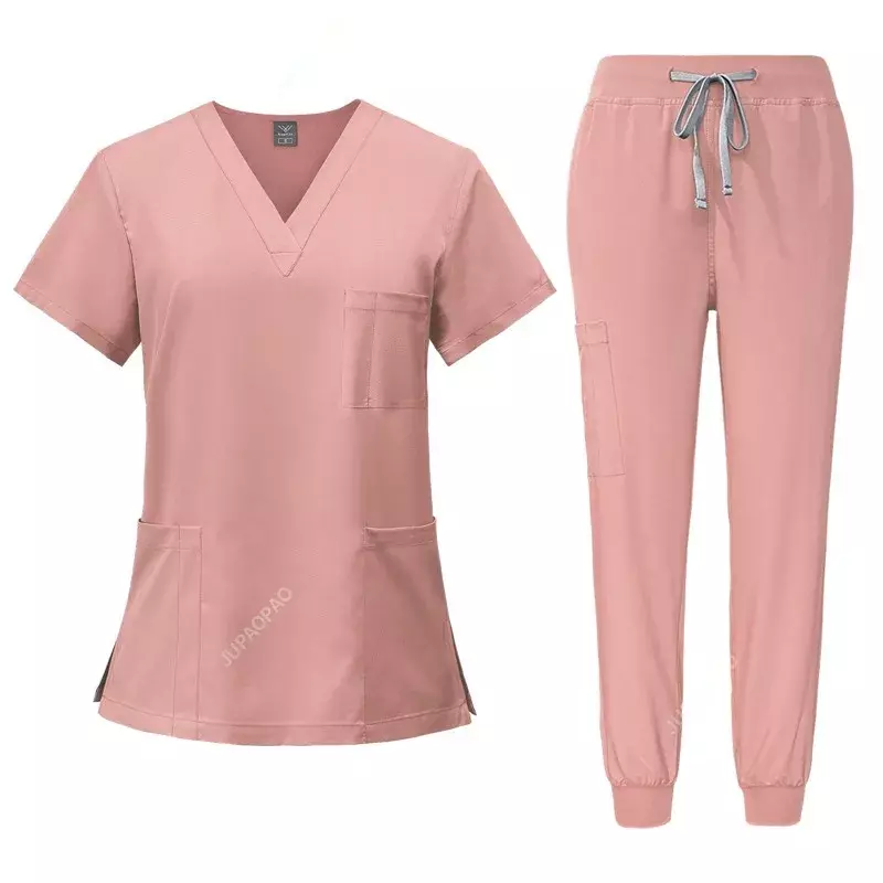 Set Scrub baru seragam medis atasan Scrub elastis dengan saku seragam Suster dokter operasi overall Salon kecantikan pakaian kerja