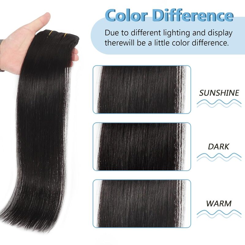 Straight Clip in Hair Extensions Real Human Hair Double Weft Seamless Clip ins Black Color 1# For Women 22-24 Inch 100g/Set