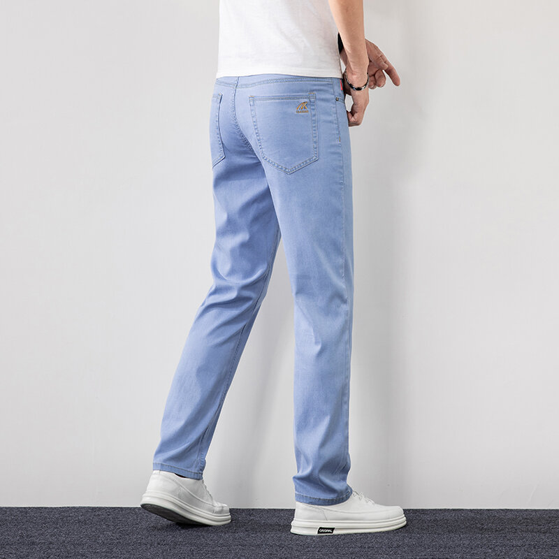 Новые мужские прямые тонкие дышащие джинсы бренда SHAN BAO, Классическая Повседневная одежда с вышивкой, легкие эластичные джинсы, лето