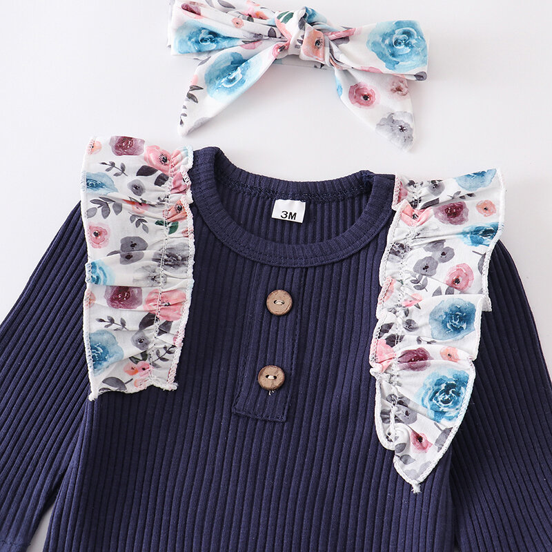 Cute Newborn Baby Girl Clothes Sets Ruffle Blue Long Sleeved  Floral Print Bow Pants Headband 3Pcs Toddler Infant Outfits 0-24M