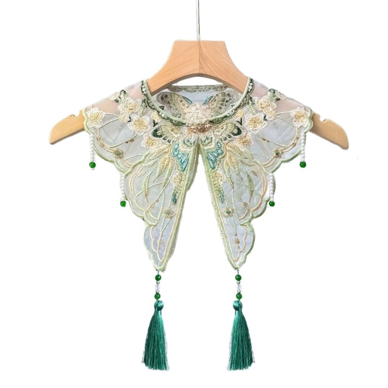 Mantón Yunjian Vintage con borlas perlas y cuello falso mariposa bordada para niñas 28TF