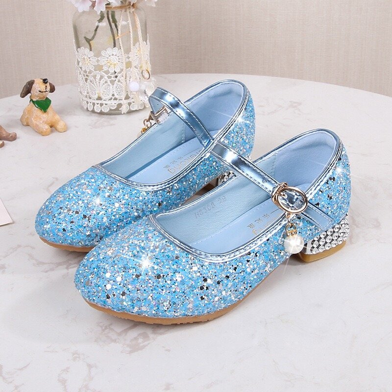 Scarpe da principessa per ragazze primavera bambini tacco alto Glitter scarpe di cristallo sandali fibbia moda scarpe da ballo per bambini scarpe da festa in pelle