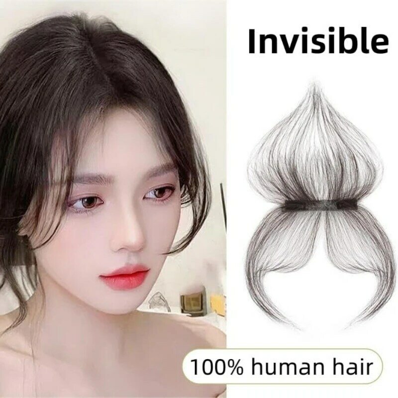 100% Human Hair 2x12 for Hairline Natural Hairpiece with Bangs One Piece Two Clips Hand Tied  for Women Girls Daily Wear