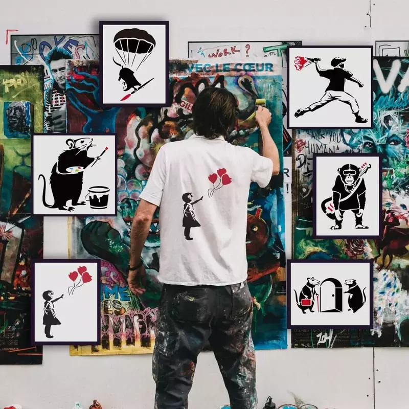 Estêncil Banksy reutilizável para parede e artesanato, estêncil de pintura, o humano com um balão, retângulo, tamanho A4