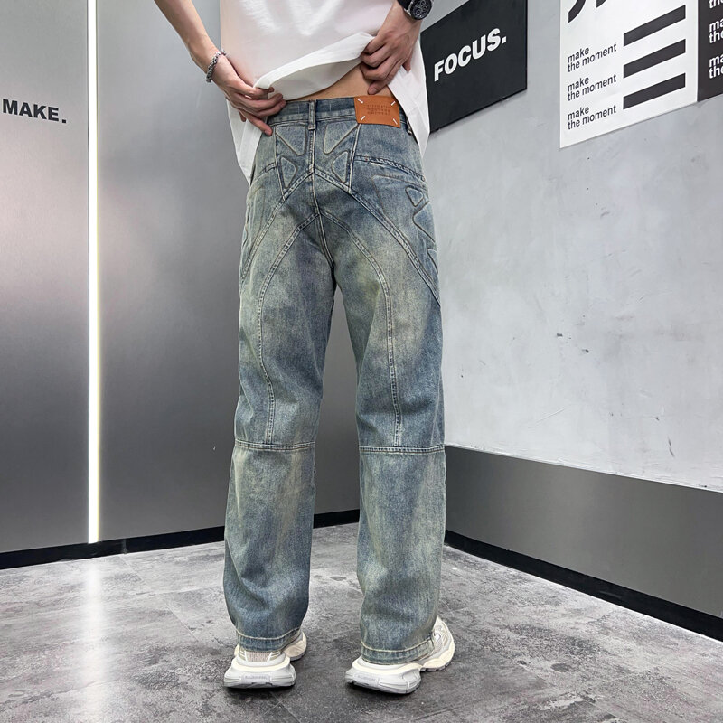 Модные высококачественные джинсы, мужские свободные прямые узорные трендовые повседневные уличные широкие брюки на молнии в стиле ретро