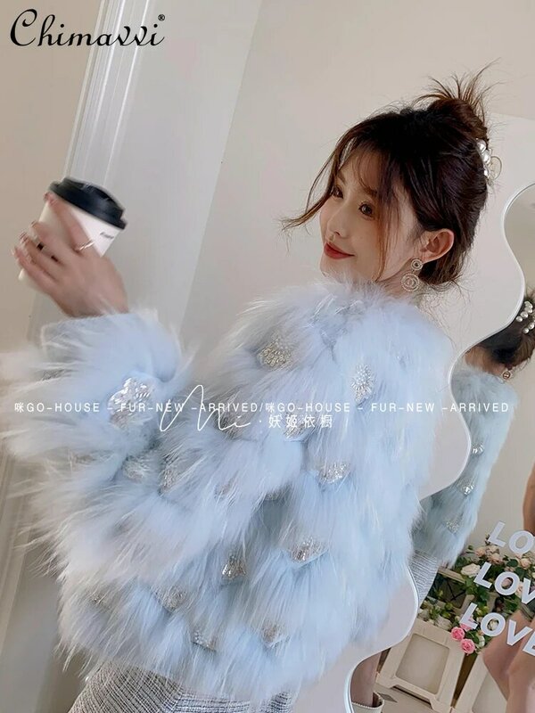 Koreański styl słodki uroczy wróżka okrągły dekolt z długim rękawem damski płaszcz 2023 zimowy ciężki przemysł perłowy Rhinestone Slim Fit futro