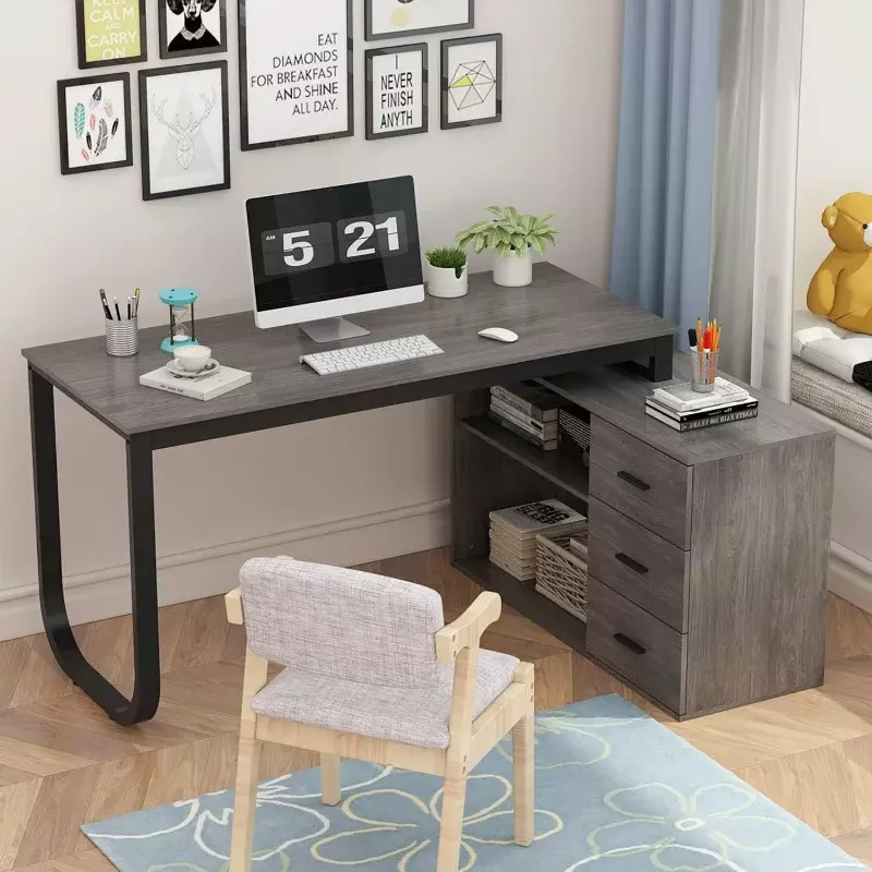 Escritorio esquinero para ordenador de oficina en casa, mesa de escritura de estudio en forma de L grande de 55 pulgadas con almacenamiento, 3 cajones y 2 estantes
