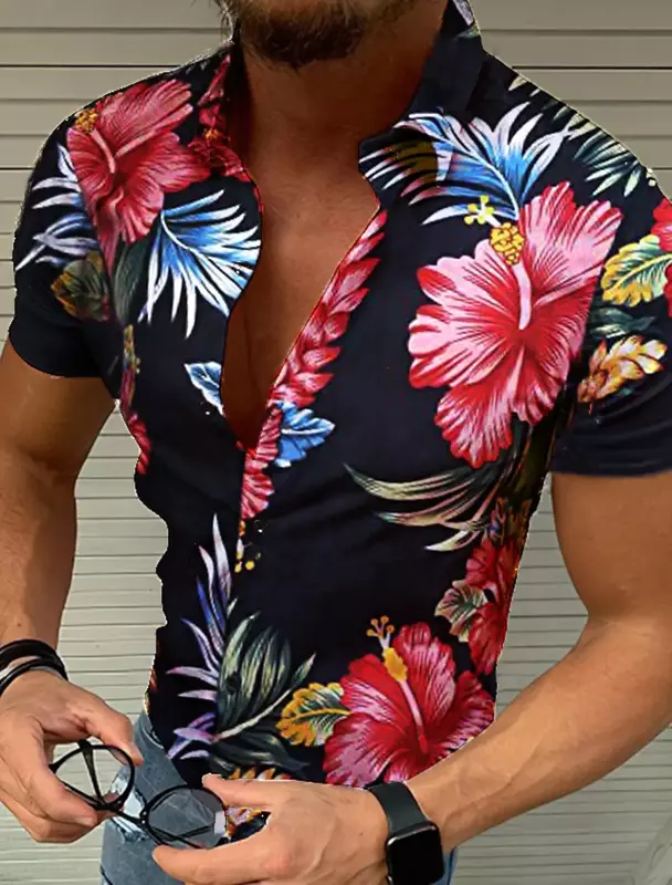 Koszula męska zapinana na guziki Letnie koszule w kwiaty dla mężczyzn Street 3d Print Plus Size Koszule hawajskie Plaża Oddychająca koszulka z krótkim rękawem