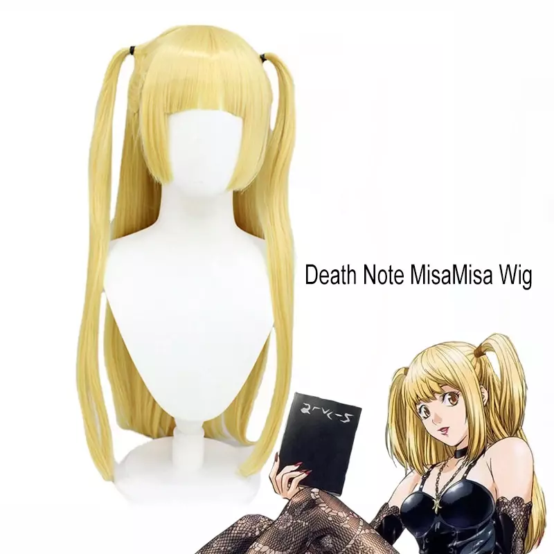 Anime Death Note MisaMisa peruka do Cosplay Comic Con karnawał pokaż złoty podwójne kucyk silikonowe symulacja skóry głowy MisaMisa peruka