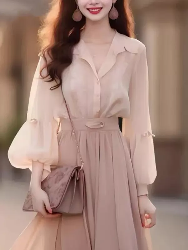 New Solid Color Long Sleeved Dresses Elegant Lady's Chic French Slim Fashion Two-Piece Street Dress The Fashionable Female