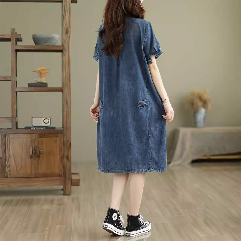 Denim Shirt Dress For Women 2024 Summer Short Sleeve Vintage Casual And Loose Fitting French Jeans Dress K972
