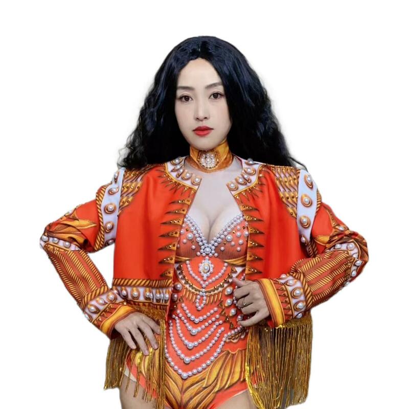 Bodysuit Vintage Palace feminino, casaco com franjas, festa Festival Rave Outfit, Cosplay de Halloween, boate, DJ Ds Gogo fantasia, Guoqing