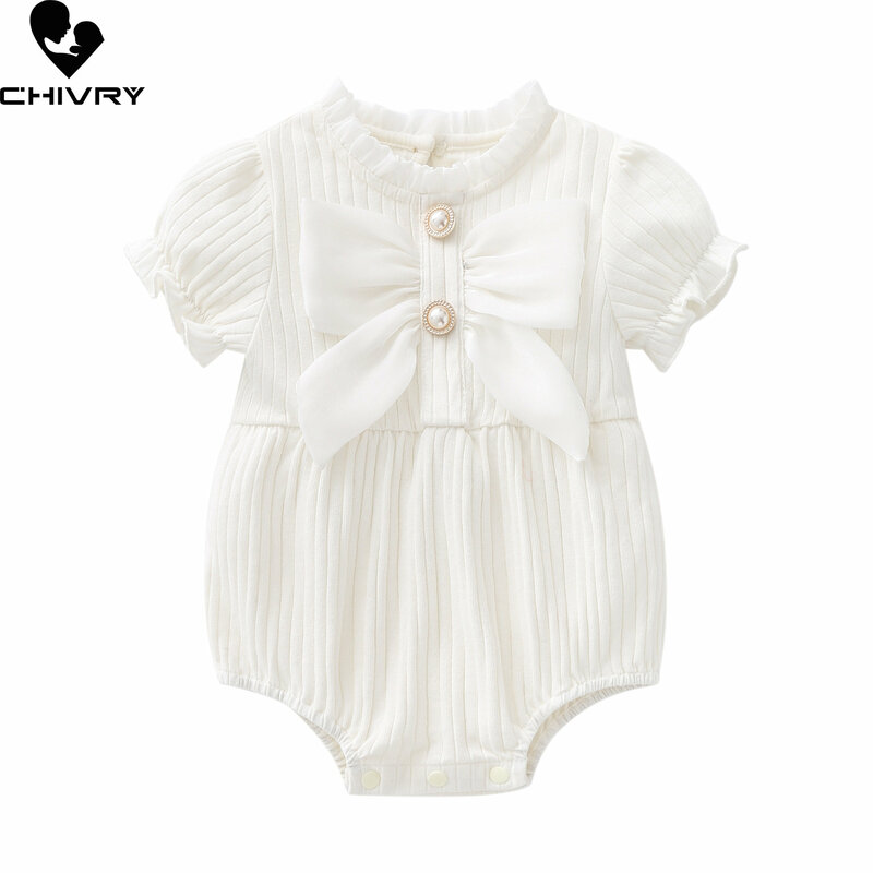 Newborn Baby Girls Cute Bowknot Cotton Bodysuits Rompers Spring Autumn Short Sleeve Jumpsuit Toddler Playsuit Infant Clothing