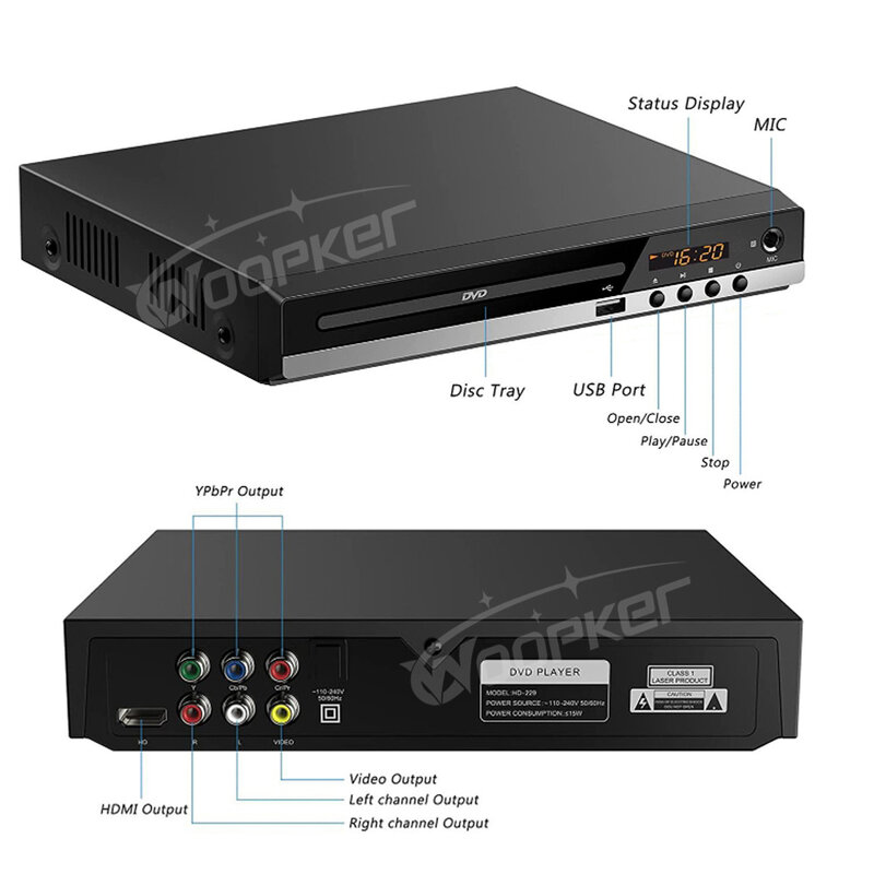 Woopker pemutar DVD Full HD B29 1080P, Pemutar CD/ EVD/ VCD definisi tinggi dengan AV dan mikrofon Output HDMI USB 110V / 220V