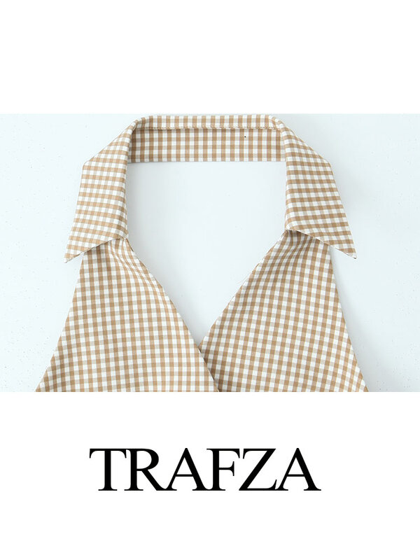 Trafza-チェックの襟付きパンツ,ノースリーブ,裸の背中,クロップトップ,膝丈,ファッショナブル