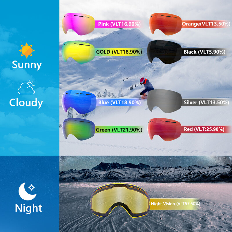 PHMAX-Lunettes de ski anti-buée double couche UV400 pour hommes et femmes, masque de ski, lunettes de neige, sports d'hiver professionnels