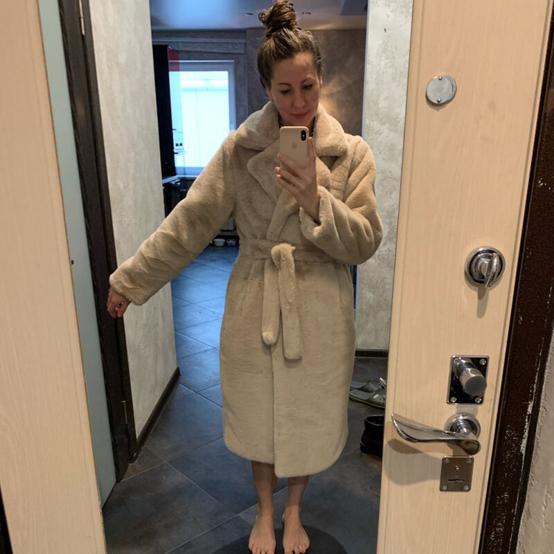 Abrigo de piel sintética de conejo para mujer, abrigo largo de lujo, solapa suelta, grueso y cálido, talla grande, Invierno