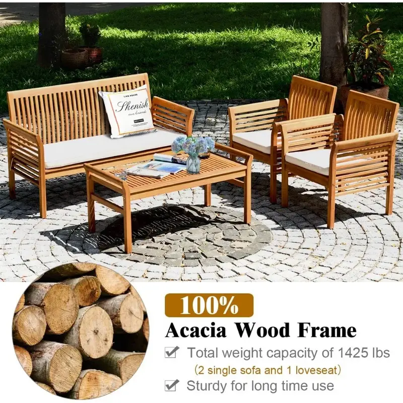 Outdoor Table and Chairs Set, 4 Piece Wood Set with Water Resistant Cushions, Outdoor Table and Chairs Set