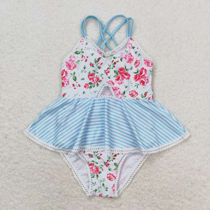 Оптовая продажа, цельный купальный костюм для маленьких девочек без рукавов, детский летний купальник с цветочным узором, одежда для купания младенцев
